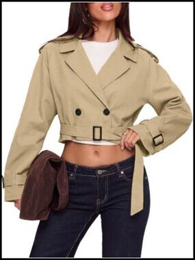 Women's Cropped Trench Coat Belted Short Windbreaker Jacket
